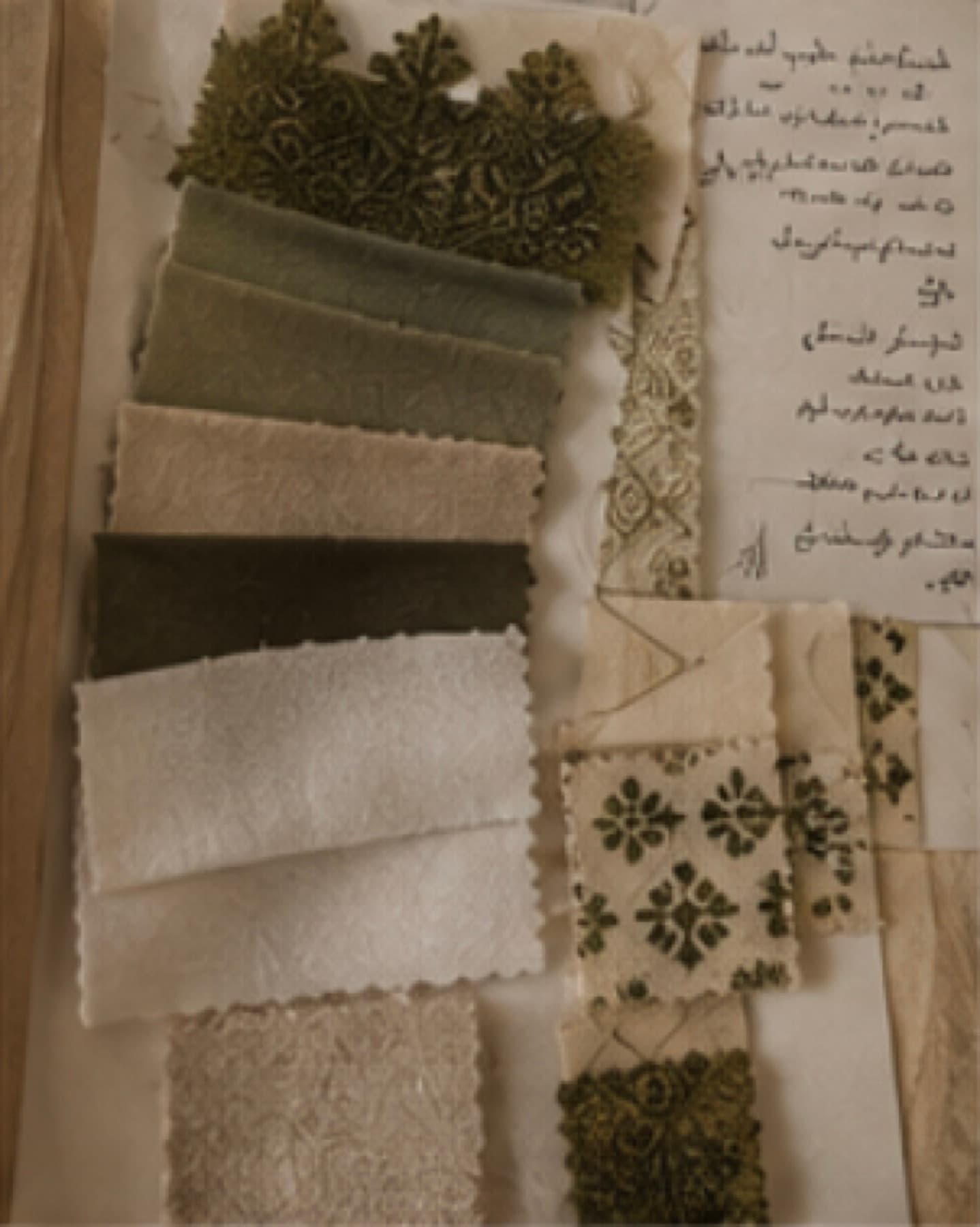 Fabric, embroidery, and DMC color board with design notes