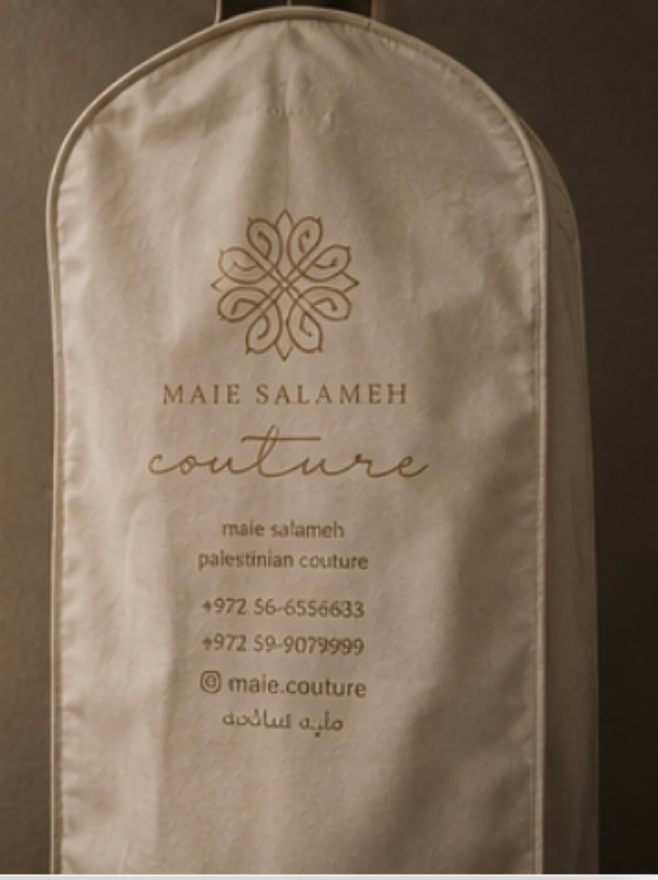 Maie Salameh couture garment bag in the studio