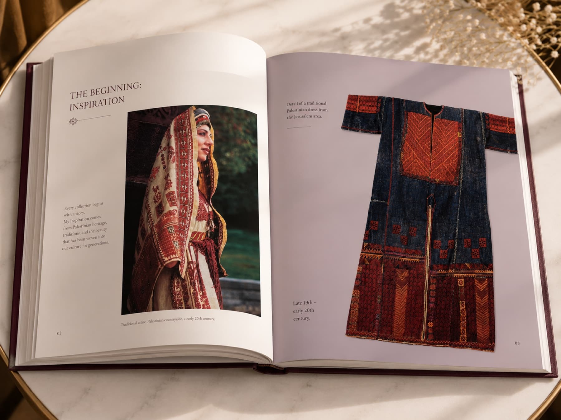 Open research book showing Palestinian dress references